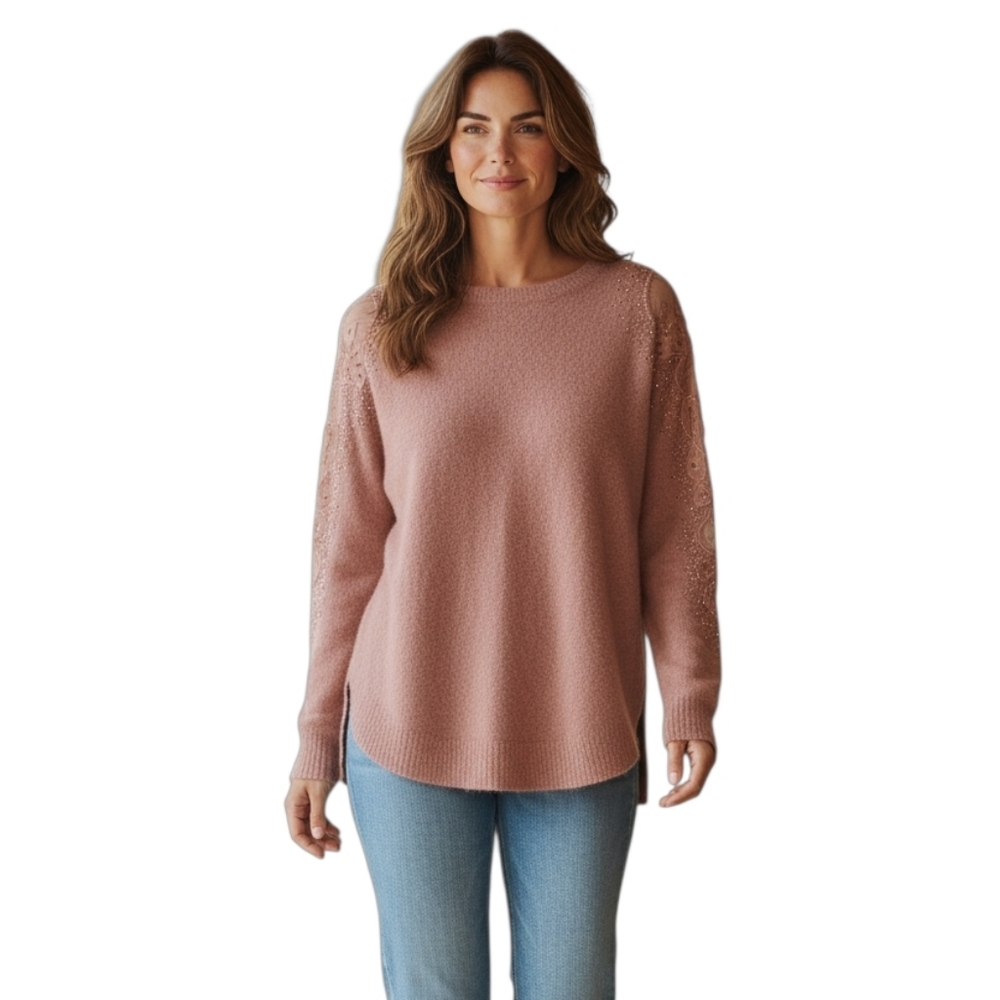 🦜 2/$10 Vila Milano Dusty Pink Mesh Sequins Sleeve Sweater. Small.